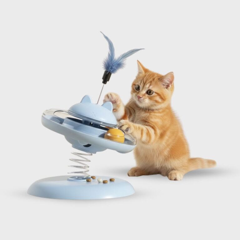 Juguete Interactivo para Gatos Trompo con Pluma y Dispenser de Snak